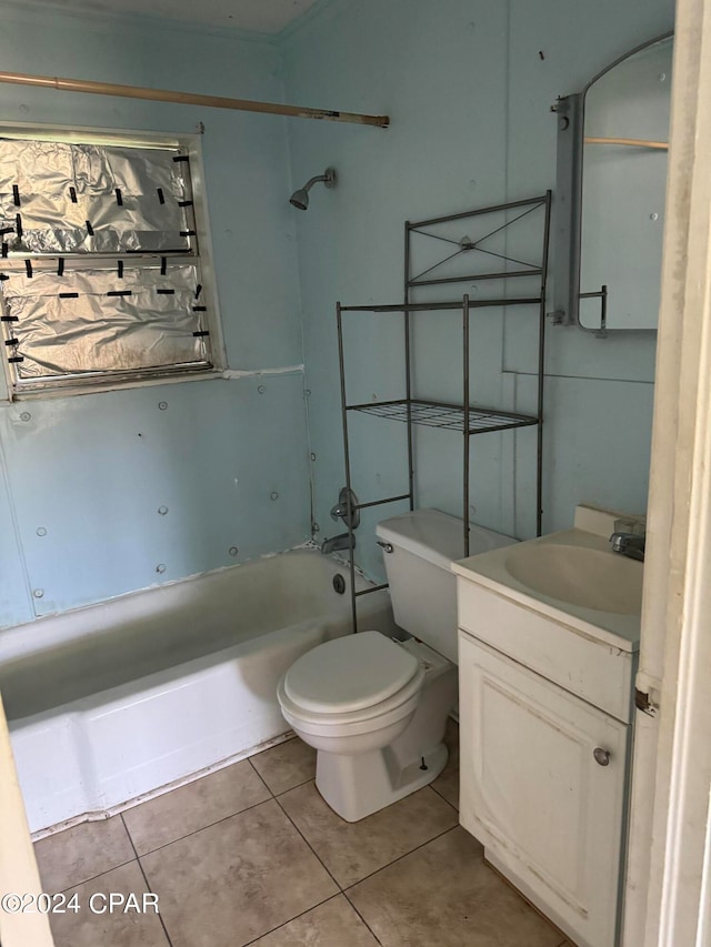 full bathroom featuring vanity, washtub / shower combination, toilet, and tile patterned flooring