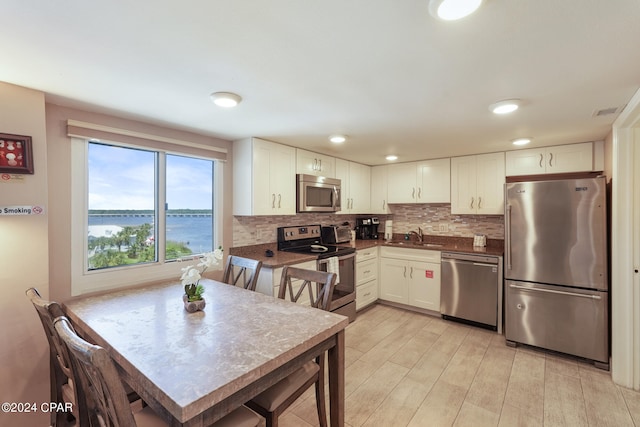 kitchen with appliances with stainless steel finishes, a water view, backsplash, white cabinetry, and kitchen peninsula