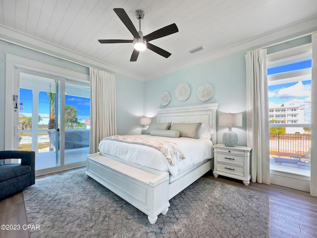 bedroom featuring access to outside, wood ceiling, dark hardwood / wood-style floors, crown molding, and ceiling fan