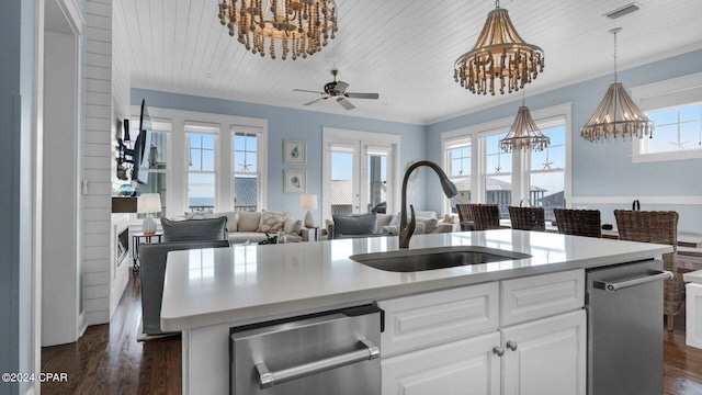 kitchen with sink, white cabinetry, plenty of natural light, an island with sink, and pendant lighting