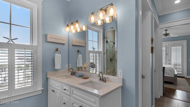 bathroom featuring vanity, plenty of natural light, and a shower with door