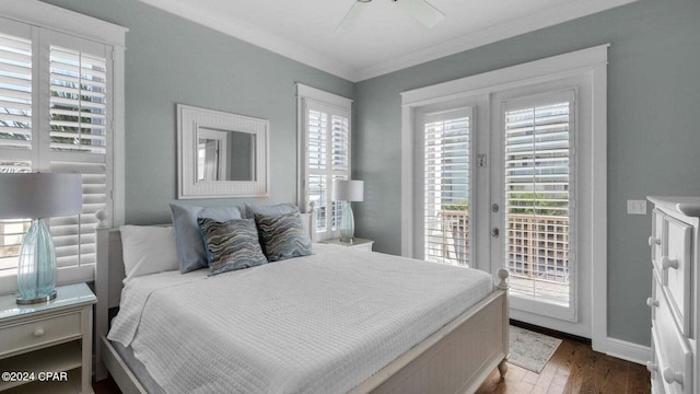 bedroom with crown molding, ceiling fan, access to exterior, dark hardwood / wood-style floors, and french doors