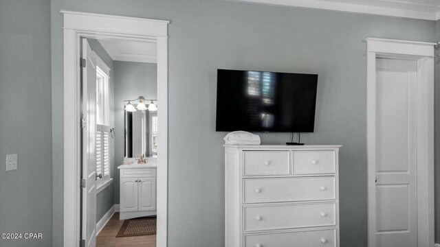 bedroom featuring sink and wood-type flooring