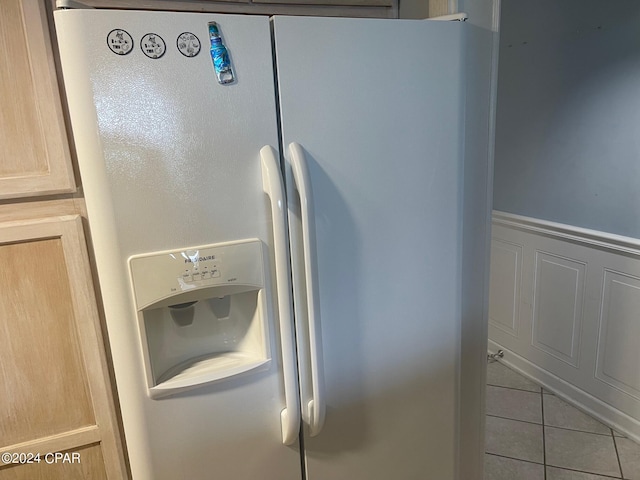 details with white fridge with ice dispenser and light brown cabinets