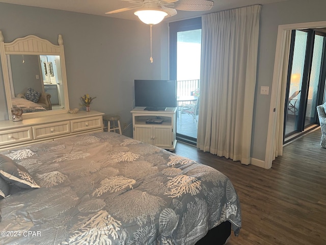 bedroom with access to outside, ceiling fan, and dark hardwood / wood-style floors