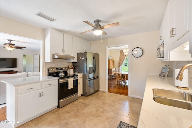 kitchen with sink, ceiling fan, appliances with stainless steel finishes, tasteful backsplash, and white cabinets