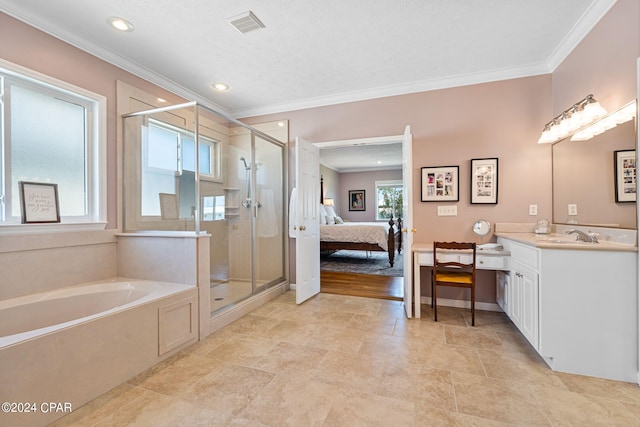 bathroom with crown molding, a textured ceiling, tile floors, separate shower and tub, and vanity