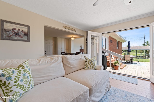 living room with hardwood / wood-style flooring and a textured ceiling