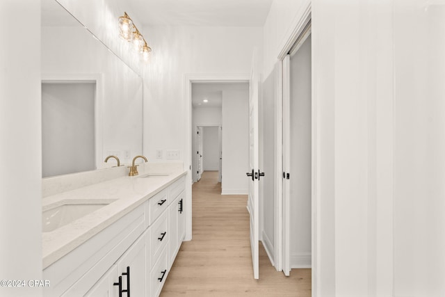 bathroom featuring double vanity, baseboards, a sink, and wood finished floors
