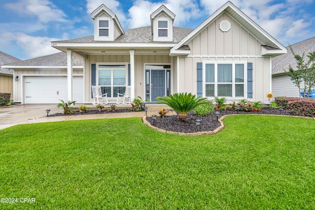 view of front of property with a front lawn, a garage, and covered porch