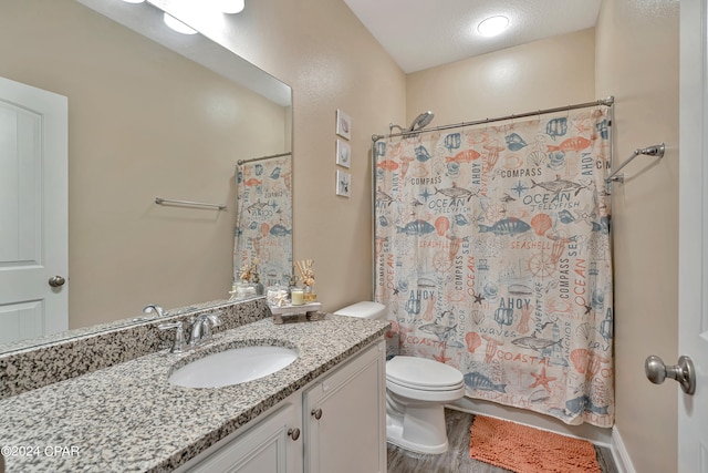 bathroom with hardwood / wood-style floors, a textured ceiling, oversized vanity, and toilet