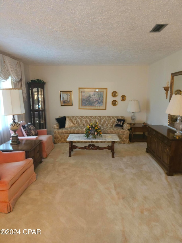 living room featuring light carpet and a textured ceiling