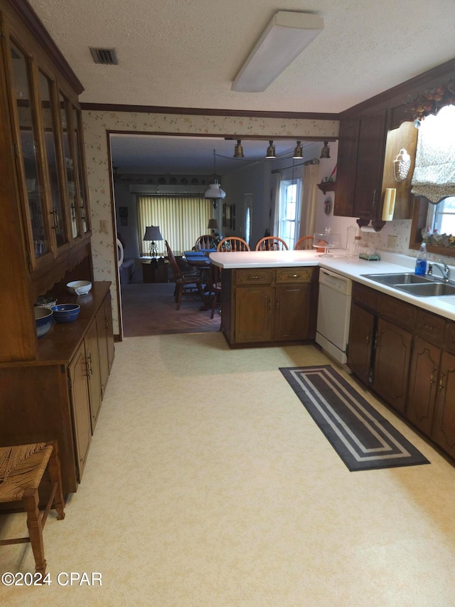 kitchen with a textured ceiling, dark brown cabinets, light colored carpet, and dishwasher