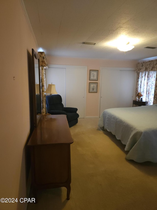 carpeted bedroom with crown molding