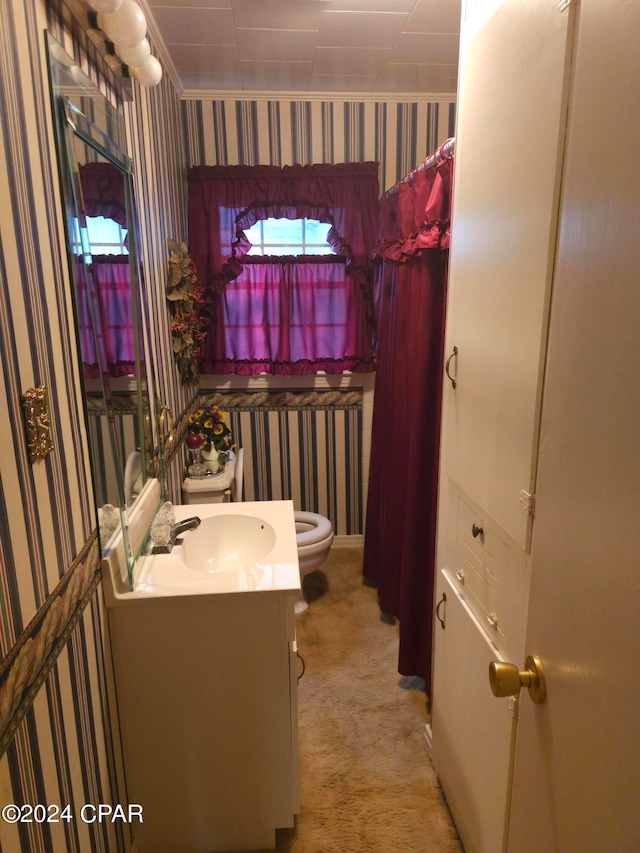 bathroom with crown molding, vanity, and toilet