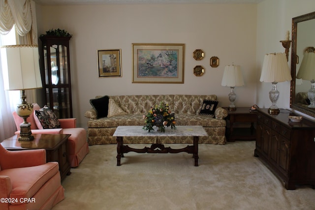 living room featuring light carpet