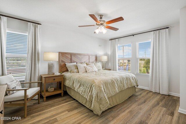 bedroom featuring a spacious closet, hardwood / wood-style flooring, ceiling fan, and a closet