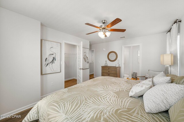 bedroom with ceiling fan, a closet, a walk in closet, and wood-type flooring