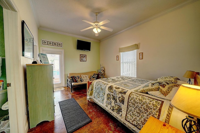 bedroom with a textured ceiling, ceiling fan, and ornamental molding