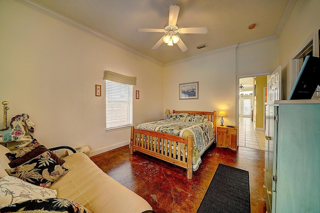 bedroom featuring ceiling fan and crown molding