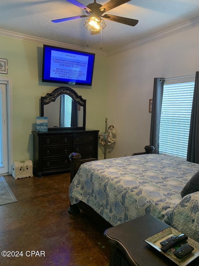 bedroom with ceiling fan and crown molding