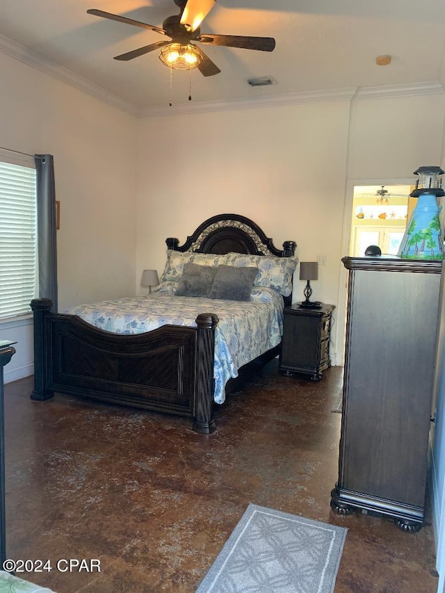 bedroom featuring ceiling fan and crown molding