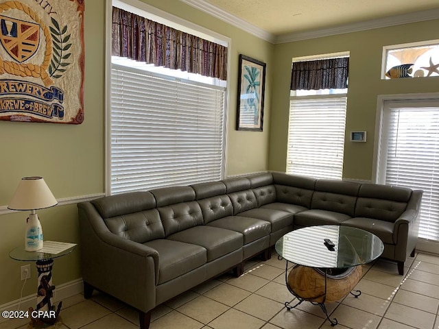 tiled living room with ornamental molding