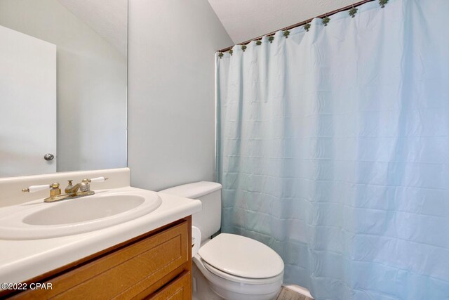 bathroom with toilet, a textured ceiling, wood-type flooring, and vanity