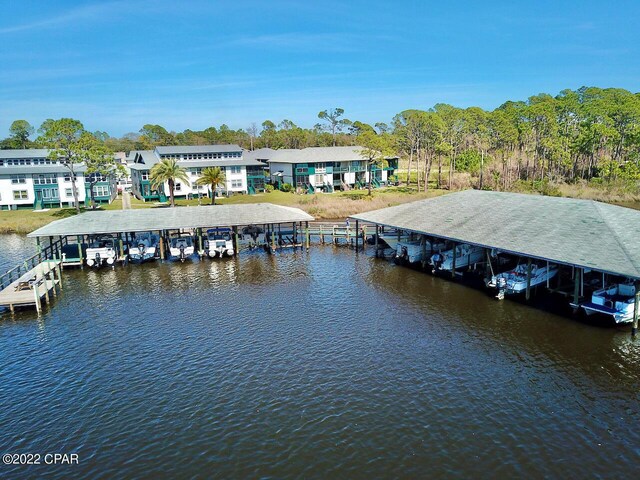 view of dock with a water view