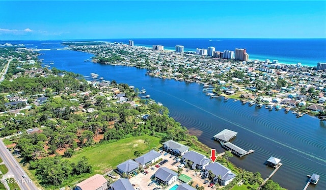 bird's eye view with a water view