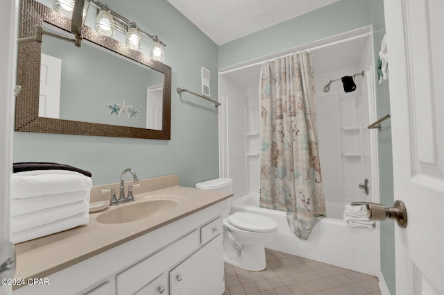 full bathroom featuring shower / bath combination with curtain, vanity, toilet, tile patterned floors, and a textured ceiling