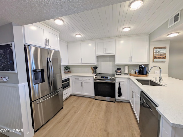 kitchen featuring white cabinets, stainless steel appliances, light wood-type flooring, sink, and a textured ceiling