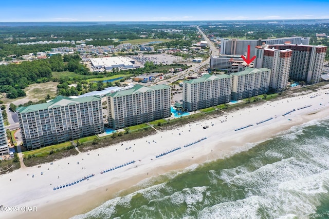 drone / aerial view with a view of the beach and a water view