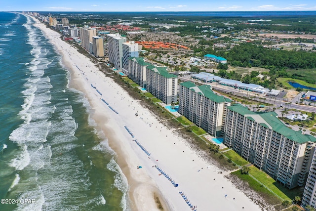 bird's eye view with a water view and a view of the beach