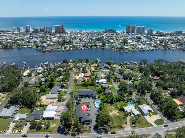 drone / aerial view featuring a water view