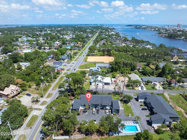 drone / aerial view with a water view