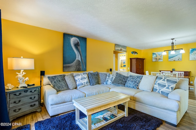 living room featuring a textured ceiling and hardwood / wood-style flooring