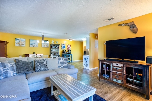 living room featuring hardwood / wood-style floors and a textured ceiling