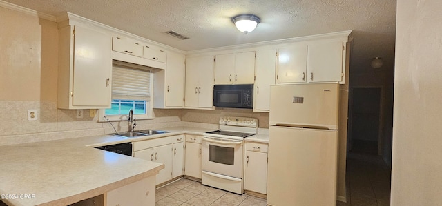 kitchen featuring light tile flooring, crown molding, sink, white appliances, and a textured ceiling