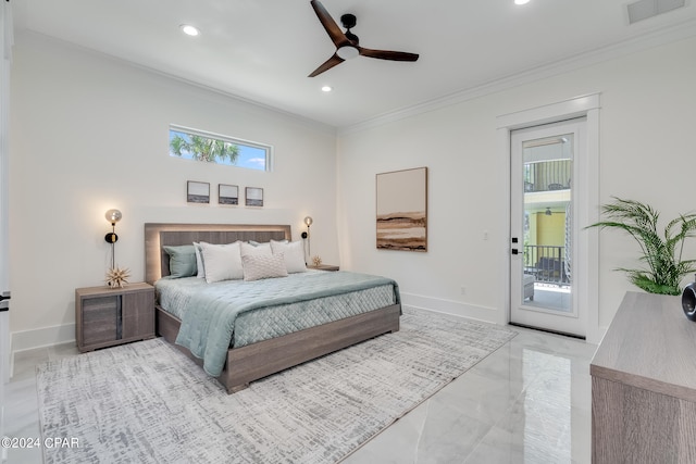 bedroom featuring crown molding, access to exterior, and ceiling fan