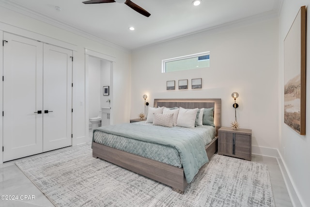 tiled bedroom with ceiling fan, connected bathroom, and crown molding