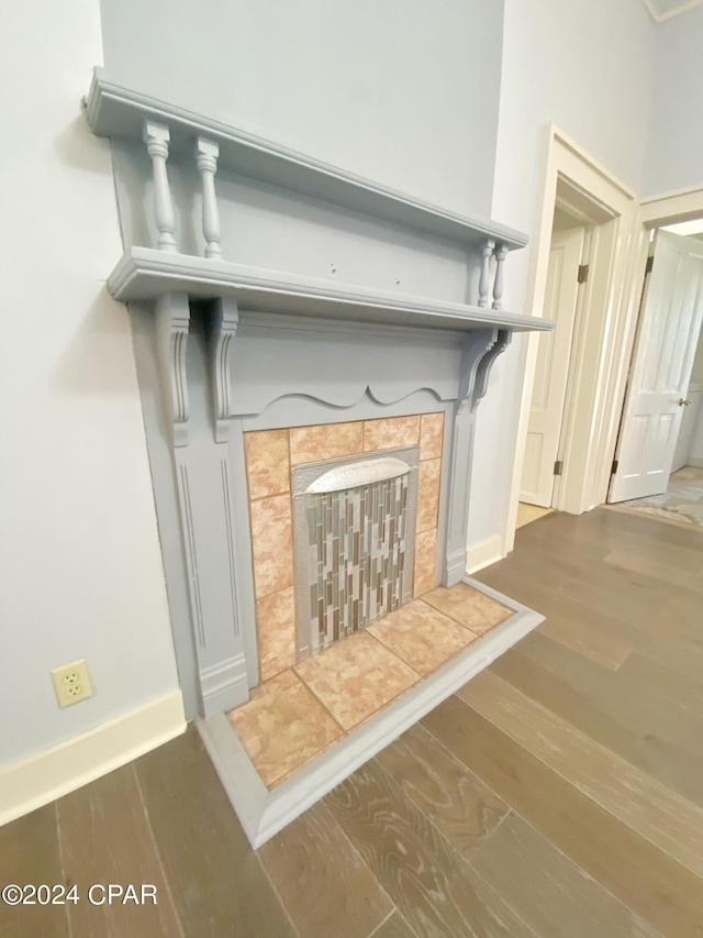 details featuring a fireplace and hardwood / wood-style flooring