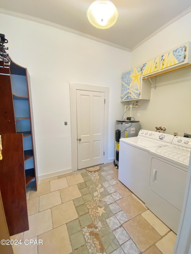 laundry room with separate washer and dryer, ornamental molding, and water heater