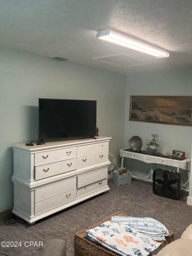 interior space with a textured ceiling and dark carpet