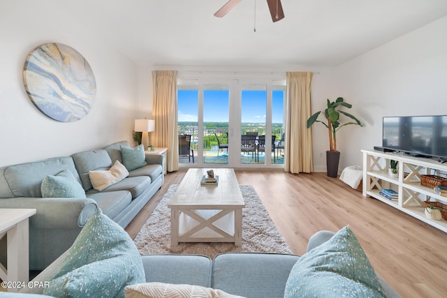 living room featuring ceiling fan and light hardwood / wood-style floors