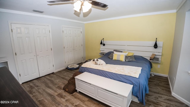 bedroom with ceiling fan, dark hardwood / wood-style flooring, ornamental molding, and multiple closets