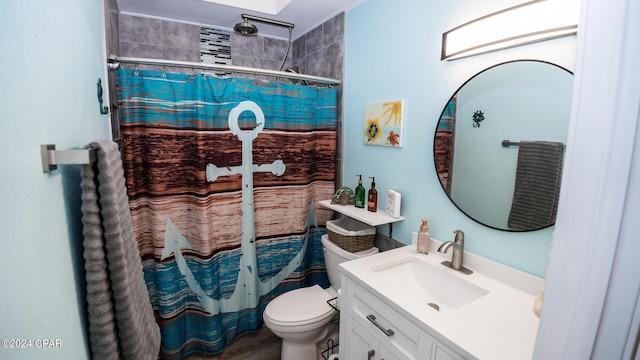 bathroom featuring a shower with shower curtain, vanity, toilet, and hardwood / wood-style flooring