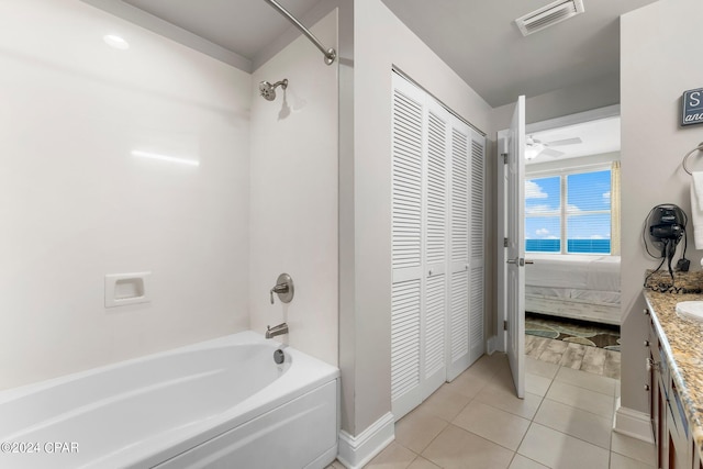 bathroom with shower / bathtub combination, tile floors, vanity, and ceiling fan