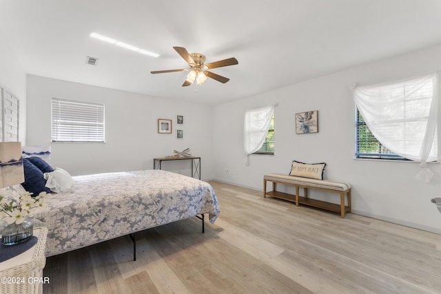 bedroom featuring ceiling fan and light wood-type flooring