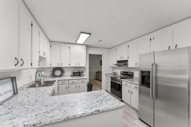 kitchen with white cabinets, light hardwood / wood-style flooring, appliances with stainless steel finishes, and sink